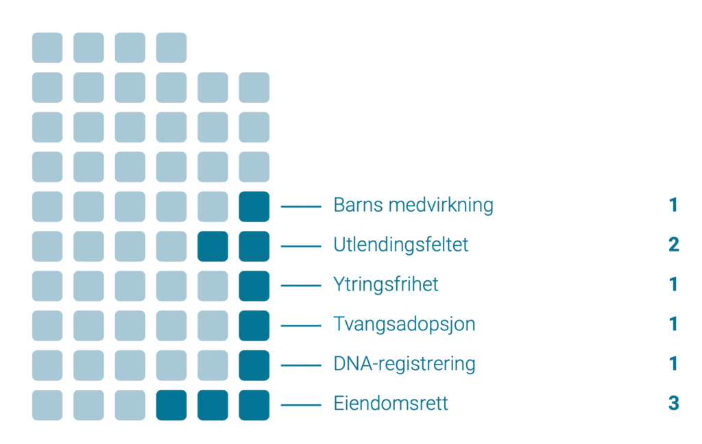 Barns medvirkning: 1; Utlendingsfeltet: 2; Ytringsfrihet: 1; Tvangsadopsjon: 1; DNA-registrering: 1; Eiendomsrett: 3.