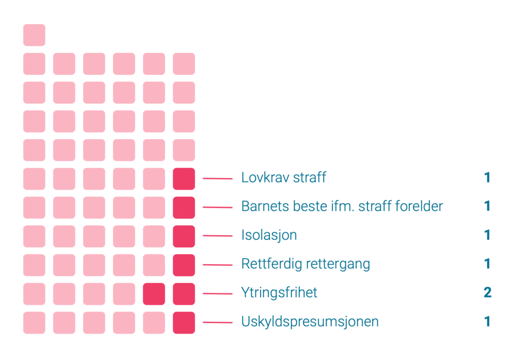 Lovkrav straff: 1; Barnets beste ifm. straff forelder: 1; Isolasjon: 1; Rettferdig rettergang: 1; Ytringsfrihet: 2; Uskyldspresumsjonen: 1.