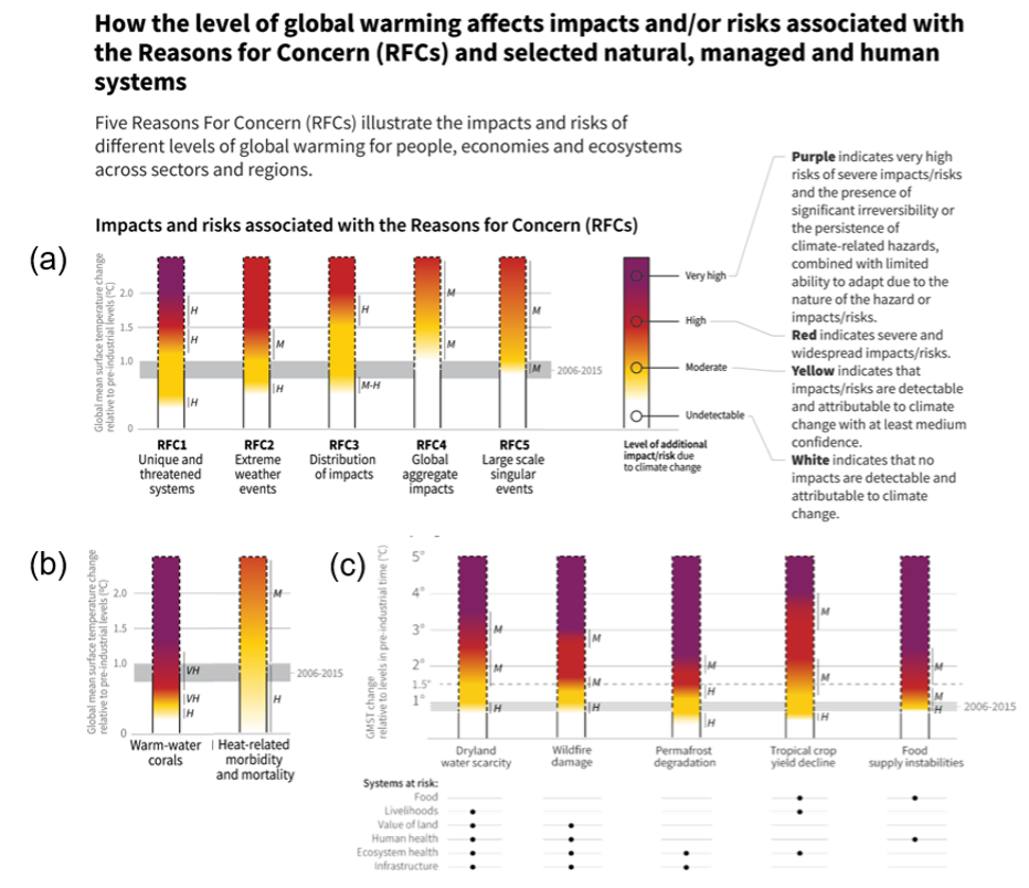 Graph with pillars showing level of risks associated with temperature increase