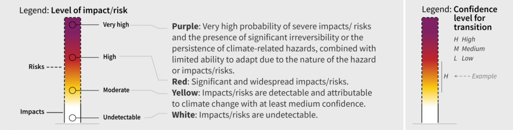 Legend showing degree of impact/risk on a color scale: Purple indicates very high risks of severe impacts/risks and the presence of significant irreversibility or the persistence of climate-related hazards, combined with limited ability to adapt due to the nature of the hazard or impacts/risks. Red indicates severe and widespread impacts/risks. Yellow indicates that impacts/risks are detectable and attributable to climate change with at least medium confidence. White indicates that no impacts are detectable and attributable to climate change.