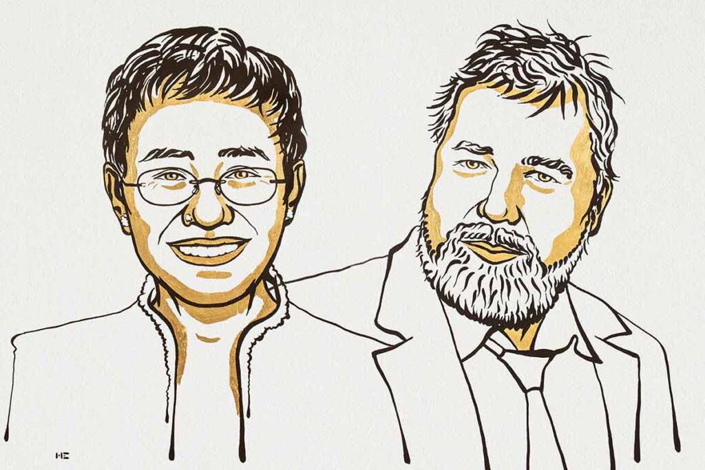 Malte portretter av Maria Ressa og Dmitrij Andrejevitsj Muratov.