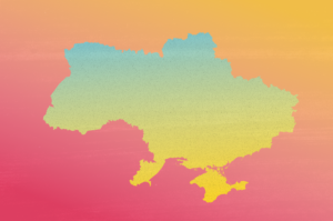 Stilisert kart over Ukraina i blått og gult på en rød bakgrunn