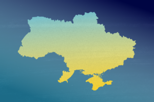 Kart over Ukraina med blå og gule farger på mørk blå bakgrunn