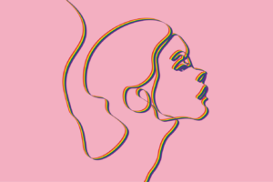 Et regnbuebånd som danner konturene av et ansikt i profil på rosa bakgrunn