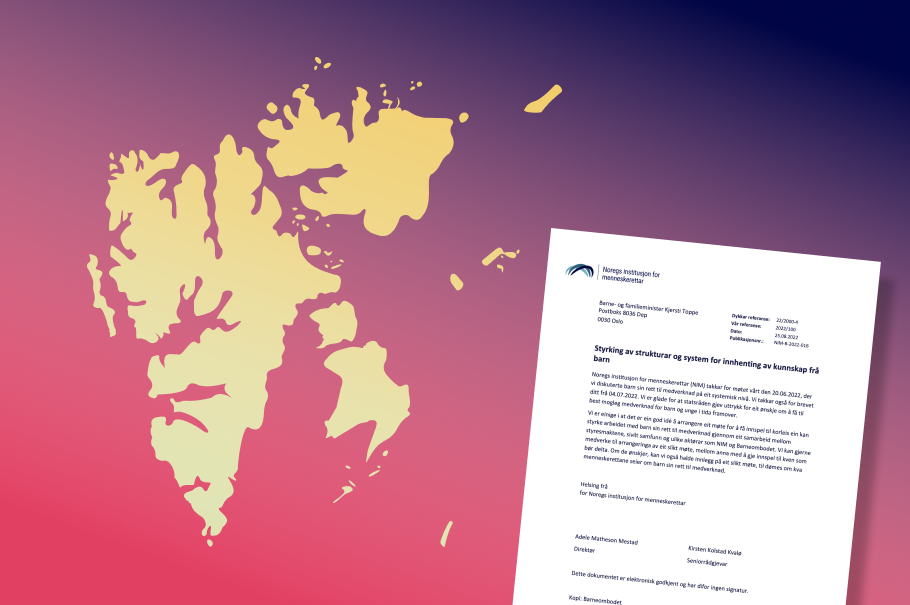 Kat over Svalbard i grønngul på en mørk rosa og blå bakgrunn, ved siden av faksimile av brevet NIM har sendt til Stortingets utdannings- og forskningskommite.
