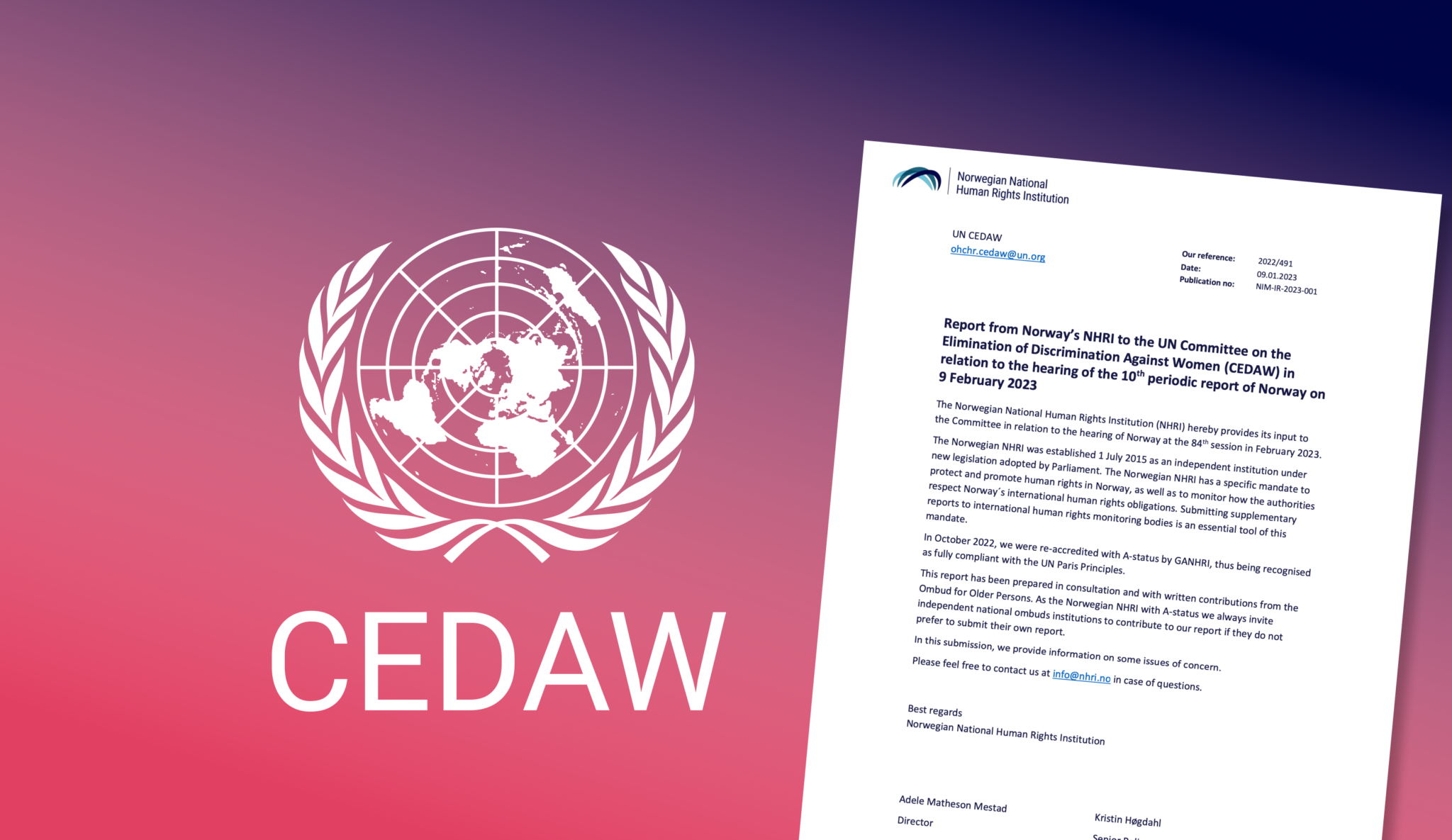 FNs logo (verdenskart omringet av laurberkrans i hvit med teksten "CEDAW" under, ved siden av en faksimile av rapportens første side.