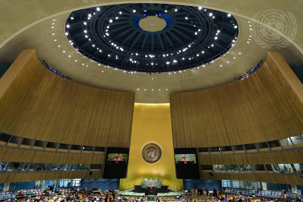 Et bredt utsyn over generalforsamlingssalen i FN.