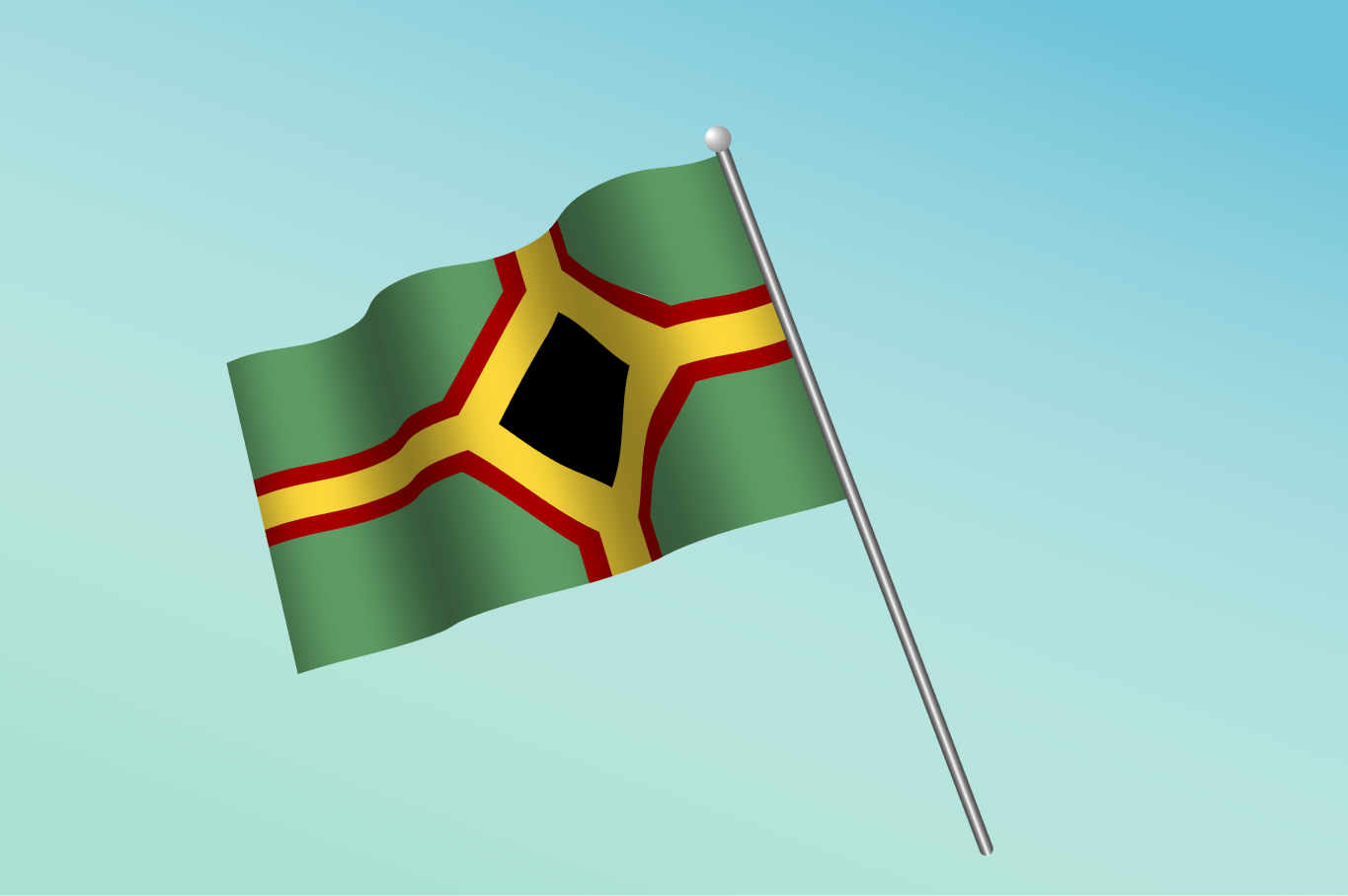 3D render av et flagg. Grønn bakgrunn med et gult kors omgitt av rødt, med en sort ruter i midten