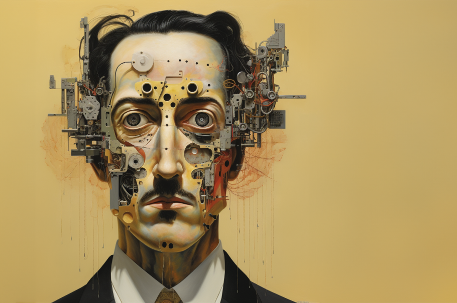 KI generert bilde av ansiktet til en mann med bart på gul bagrunn. Mannen har tilsynelatende noen elektroniske og mekaniske komponenter operert inn i sidene av ansiktet og kinnene, og man kan se ledninger og mekanikk inne i hodet gjennom hull i ansiktet.