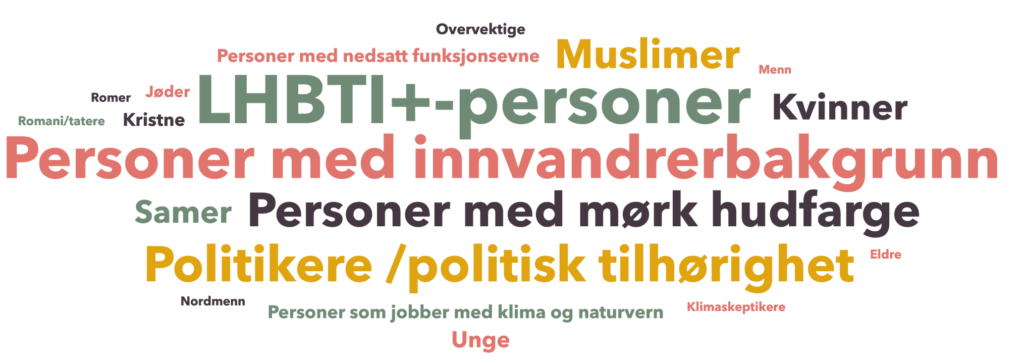 Ordsky med følgende ord og uttrykk (andel svar i parentes): LHBTI+-personer (36 %), Personer med innvandrerbakgrunn (20 %), Politikere/politisk tilhørighet (15 %), Personer med mørk hudfarge (13 %), Muslimer (9 %), Kvinner (7 %), Samer (6 %), Unge (4 %), Kristne (2 %), Personer med nedsatt funksjonsevne (2 %), Personer som jobber med klima og naturvern (2 %), Jøder (1 %), Romer (1 %), Romani/tatere (1 %), Menn (1 %), Nordmenn (1 %), Klimaskeptikere (1 %), Overvektige (1 %), Eldre (1 %).