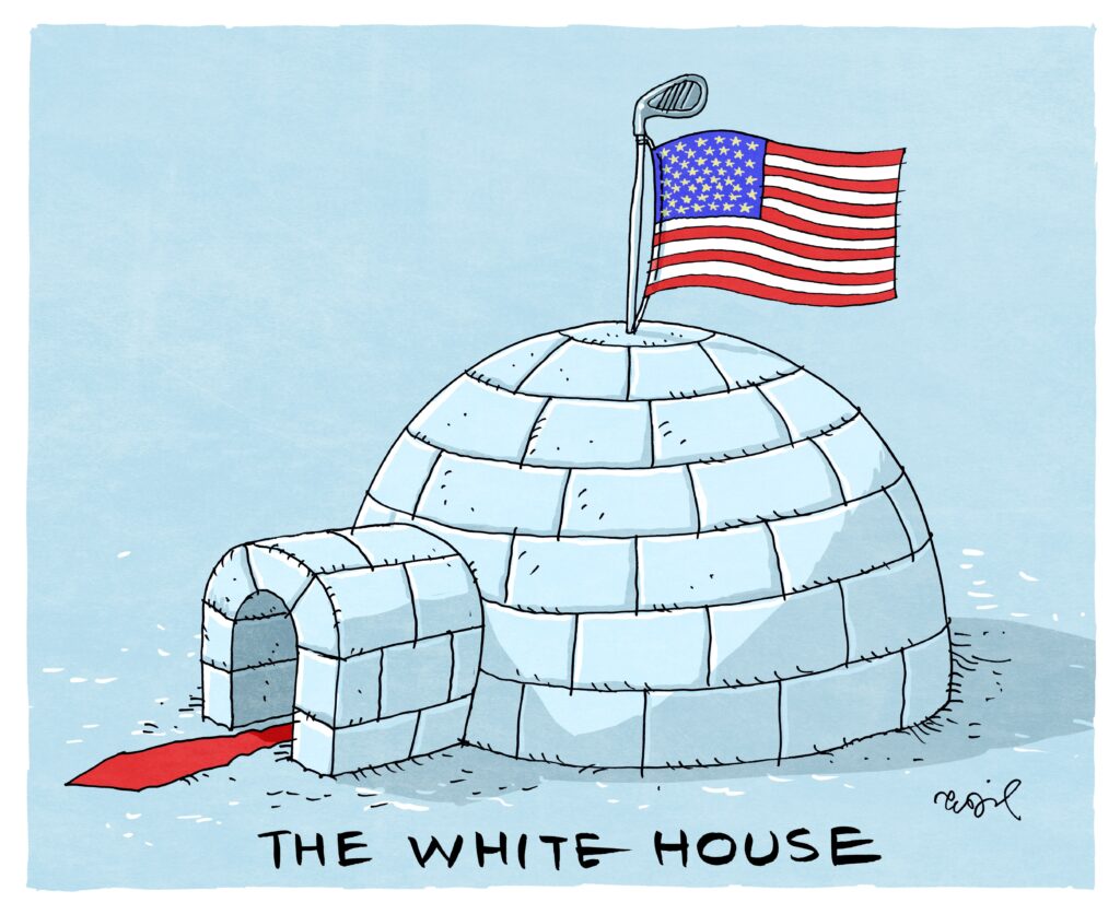Satiretegning av en iglo med det amerikanske flagget ontert på toppen i en golfkølle, et rødt slips kommer ut av inngangen. Under står teksten "The White House".